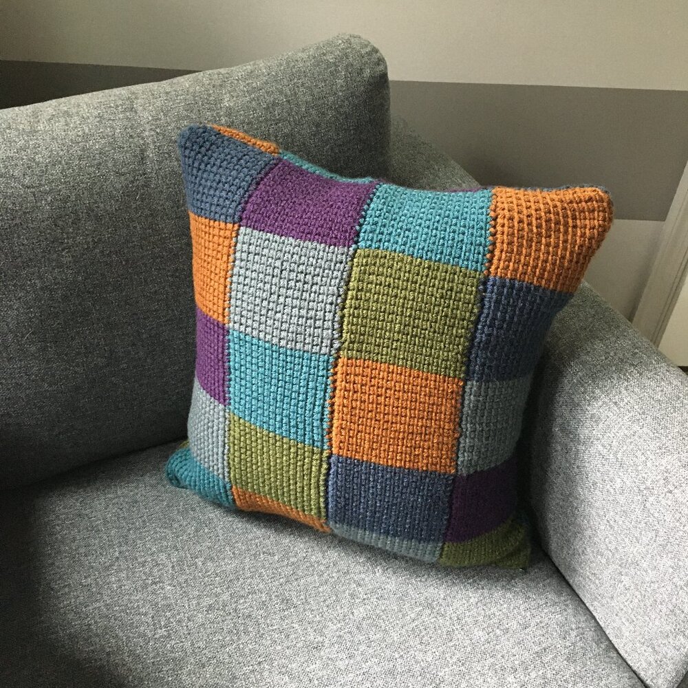 Handmade Tunisian Crocheted Multi-Colored Square Checkerboard Accent Pillow
